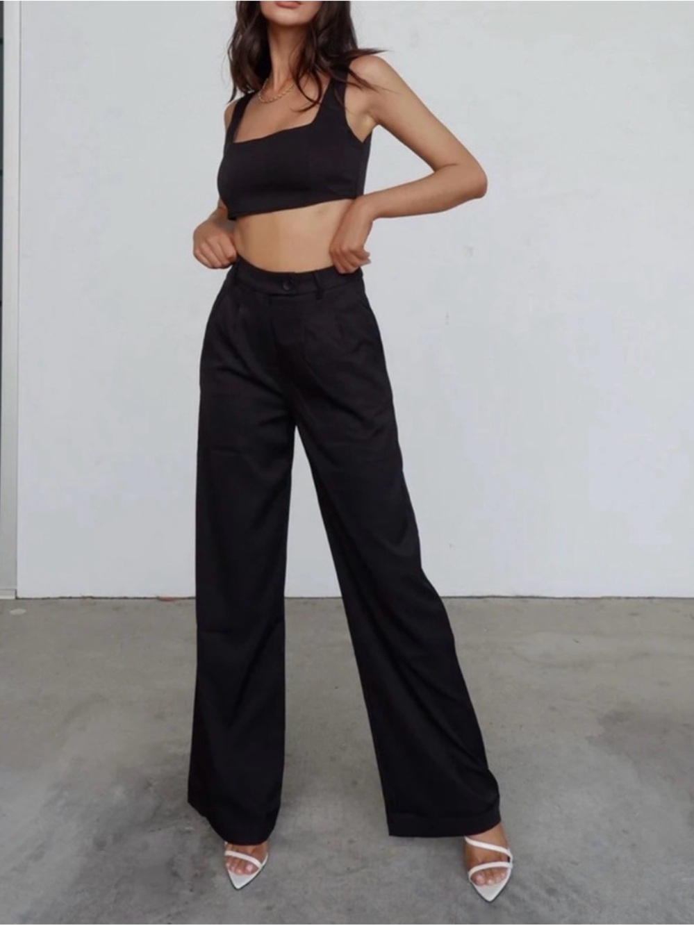 Princess Polly Black Two-Piece Crop Top and Wide-Leg Pants Set